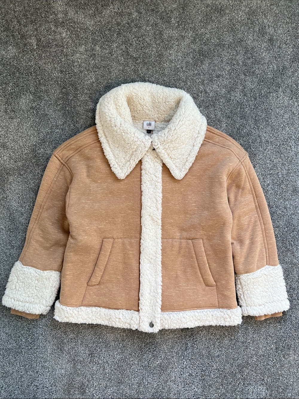 Cabi Sherpa Lined Jacket Teddy Fleece Trim Beige Tan Coat Women’s Small